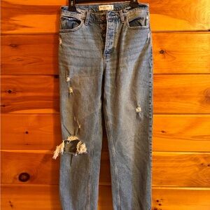 Abercrombie & Fitch Dad High Rise Light Blue Distressed Straight Leg Jeans long
